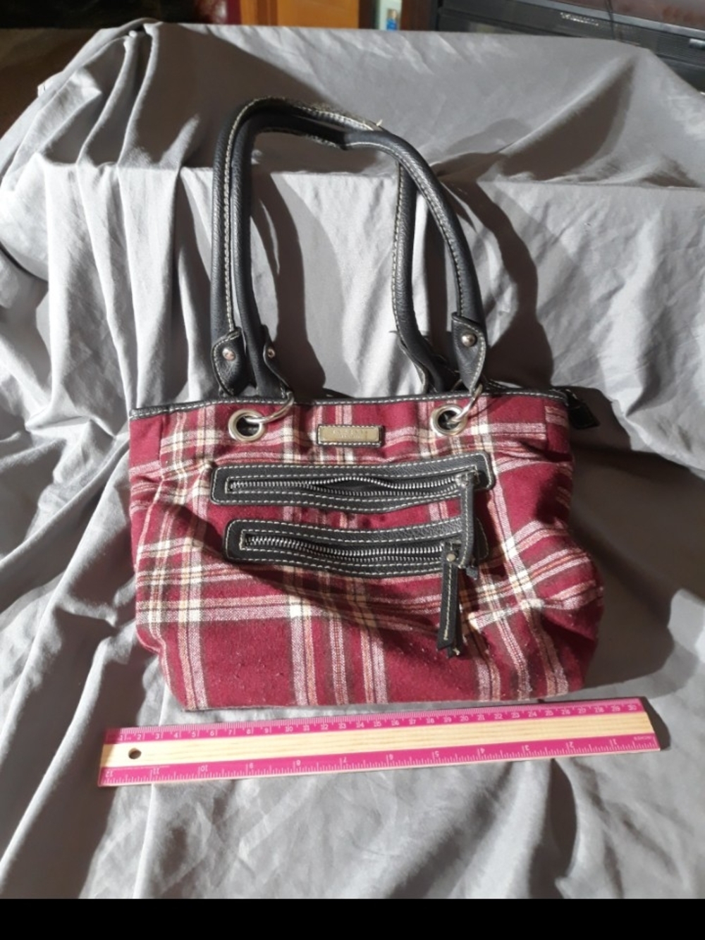 Plaid Tote Bag with Black Trim - Burgundy